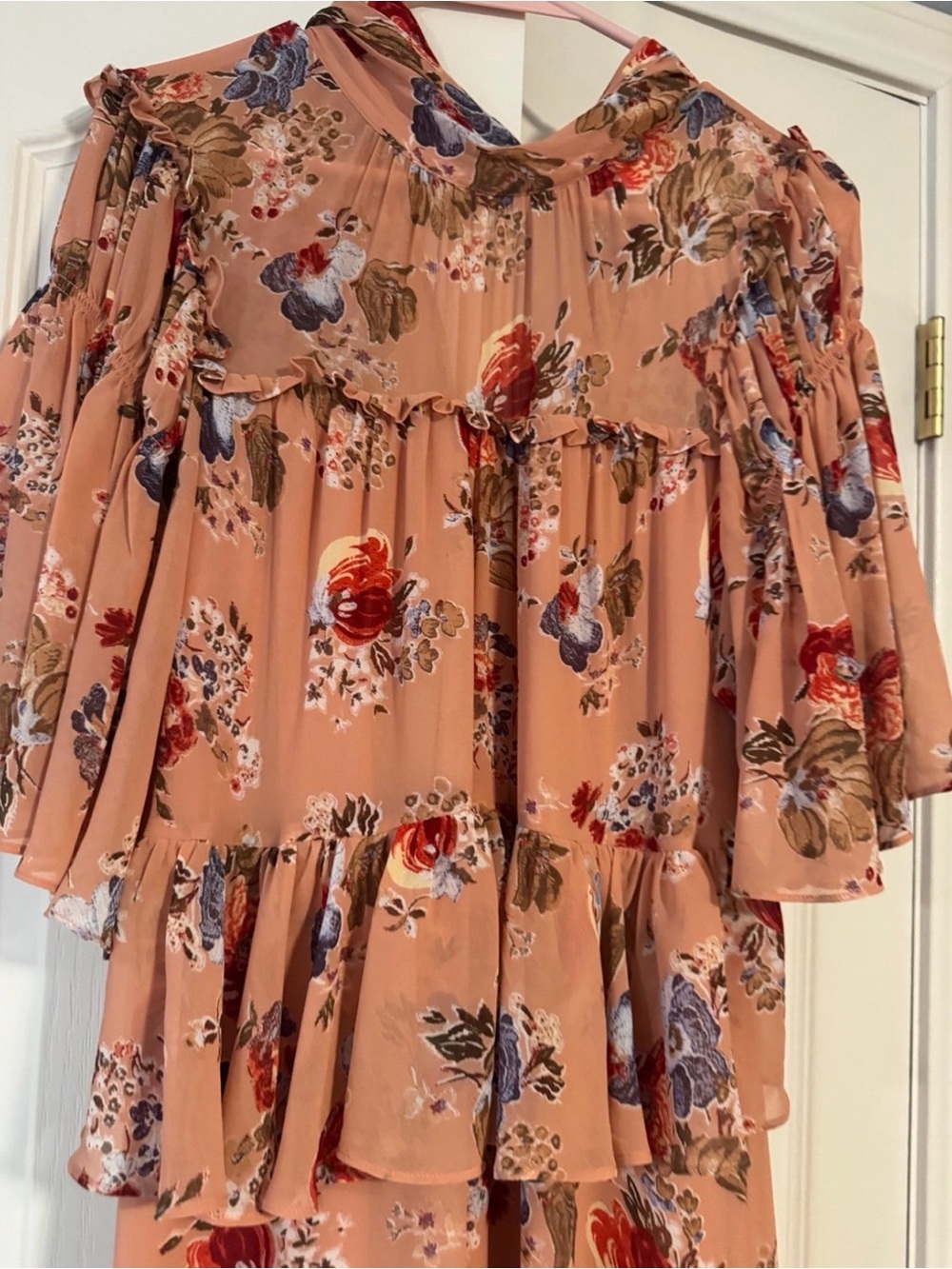 Cinq a Sept Jamie Dress Bare Rose Multi US 12 Tiered Ruffle - Picture 7 of 8